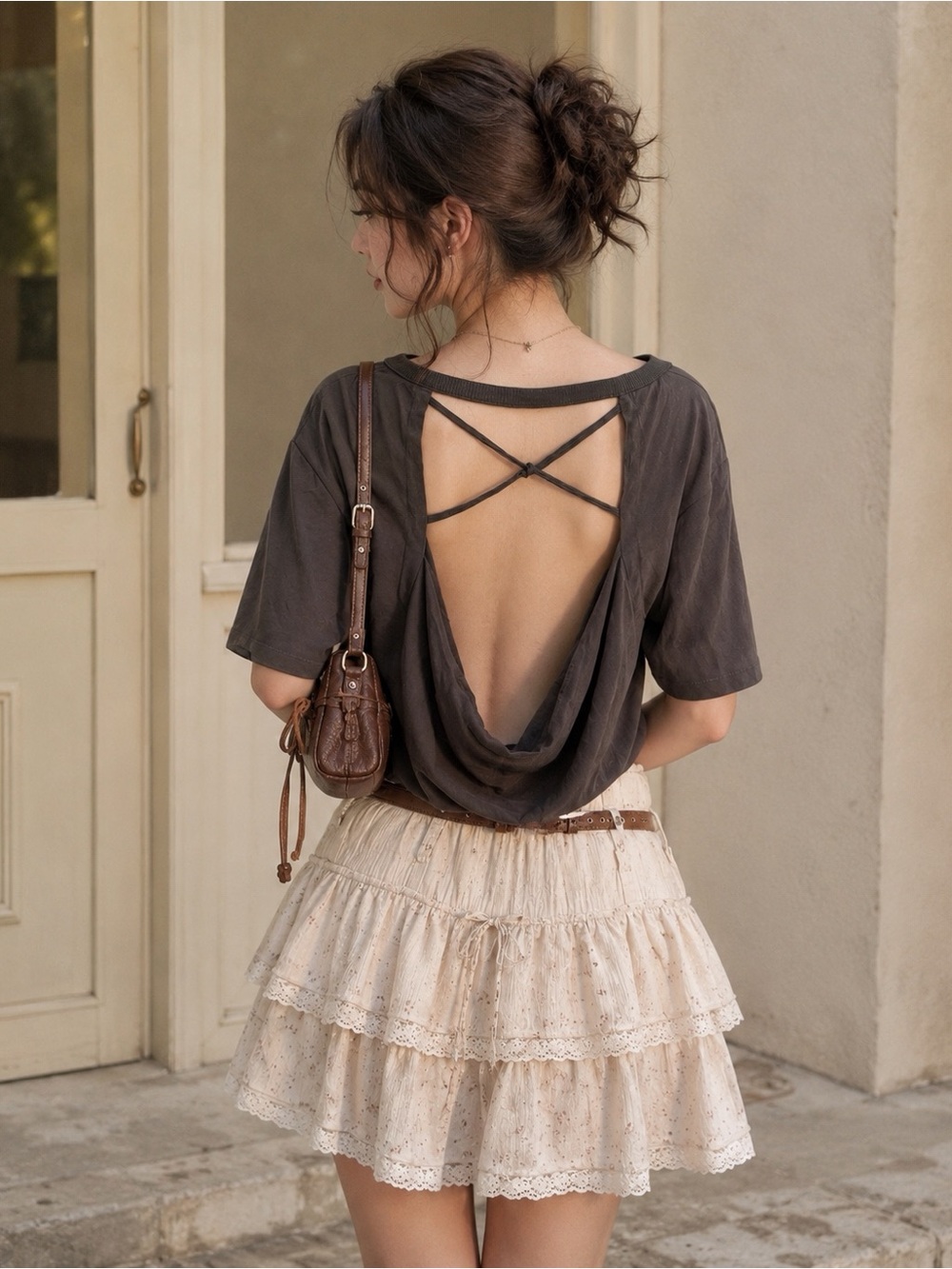 NWT CHASER Silk Short Sleeve Knotted Drape Back Tee in Vintage Black sz M